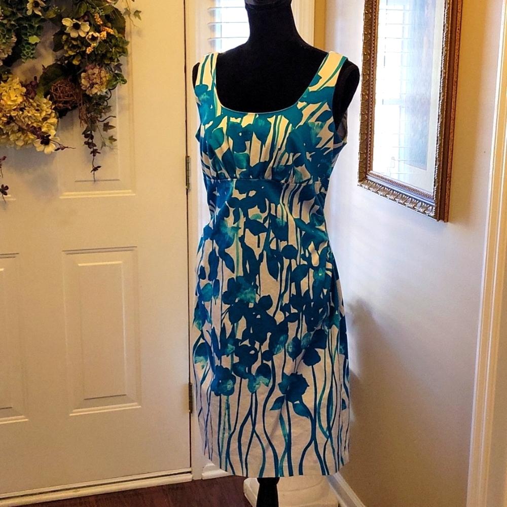 DONNA RICCO turquoise white floral sleeveless stretch empire waist dress 10 EUC…